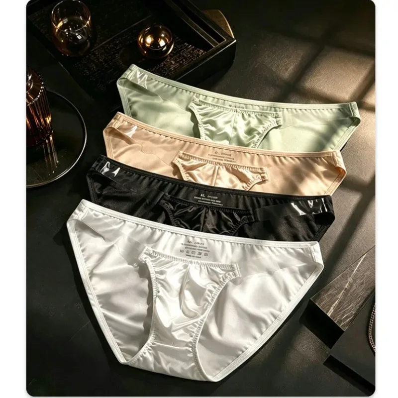 Cetim de seda gelo como roupa interior masculina sólido estiramento alta garfo cuecas triangulares bulge bolsa suave respirável underpant