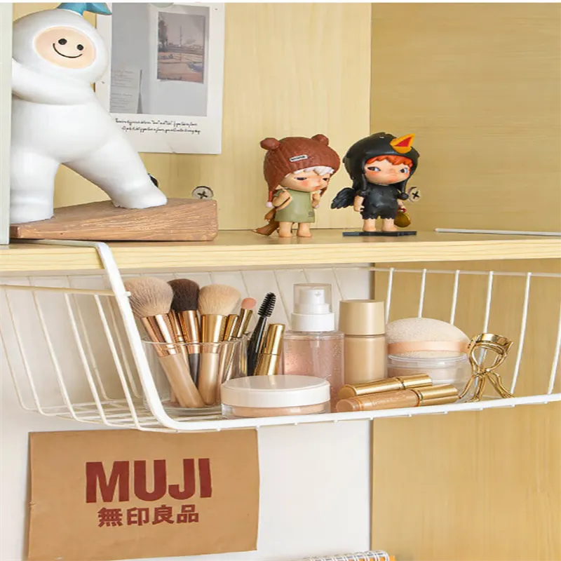 Organizador de cesta suspensa de metal multiuso, armazenamento para armário de mesa de cozinha, pincéis de maquiagem disponíveis, suporte de armazenamento de ferramentas de maquiagem