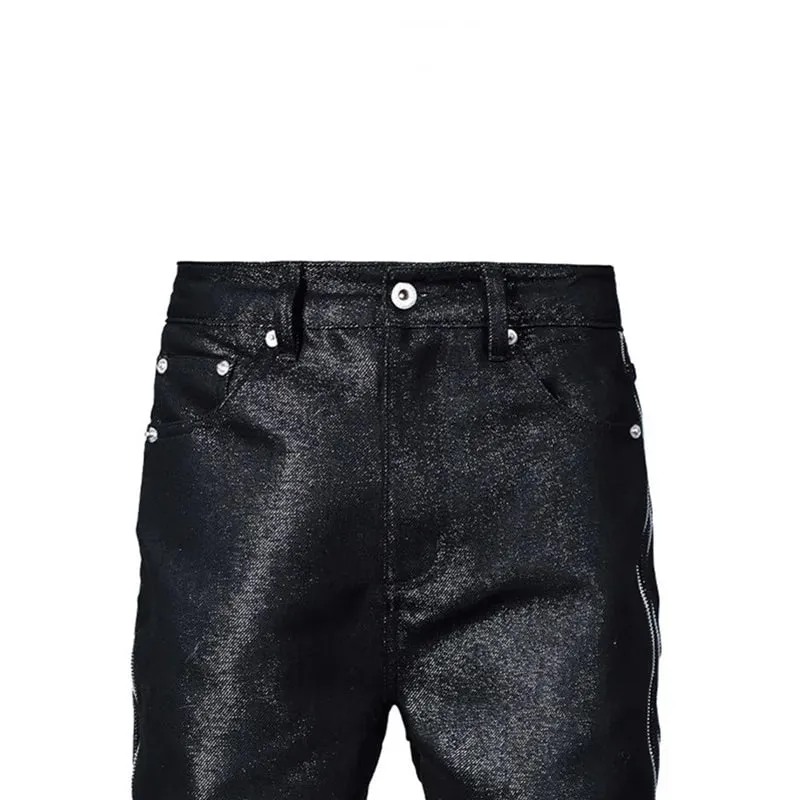 Alta qualidade fio de prata tecido textura de metal bootcut jeans homem lado duplo zíper gótico punk empilhados jeans
