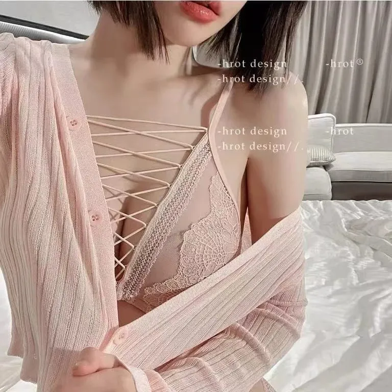Conjunto de lingerie sexy francês macio underwire push up sutiã para peito pequeno profundo reunir rendas até recorte puro olhar ca moyisu sexy tushy