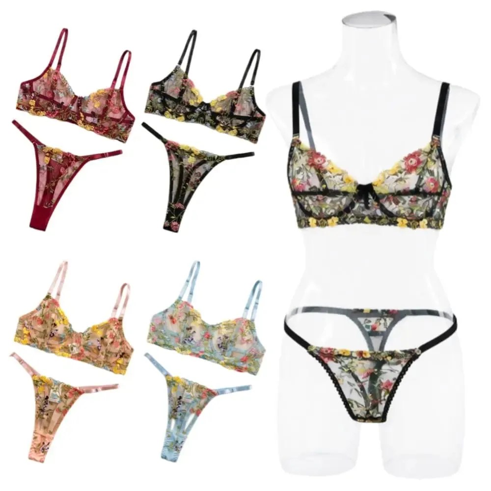 Conjunto de lingerie floral de 2 peças, roupa íntima transparente e versátil, íntima, bordado, sutiã push-up, conjunto de calcinha para mulheres e meninas — image 1