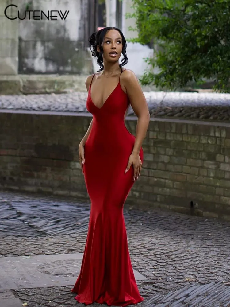 Nibber vermelho brilhante cinta de espaguete maxi vestido feminino sólido sexy sem costas ruched decote corpo-shaping robe senhora hipster streetwear