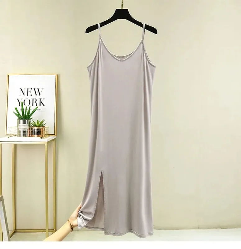 Vestido feminino modal completo deslizante, roupa íntima, alça longa, sólida, camisola, anágua interna, íntima