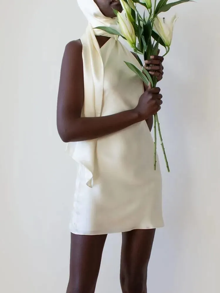 Vgh retalhos vestidos formais para mulheres gola halter fora do ombro sem mangas cintura alta sem costas cetim mini vestido estilo feminino