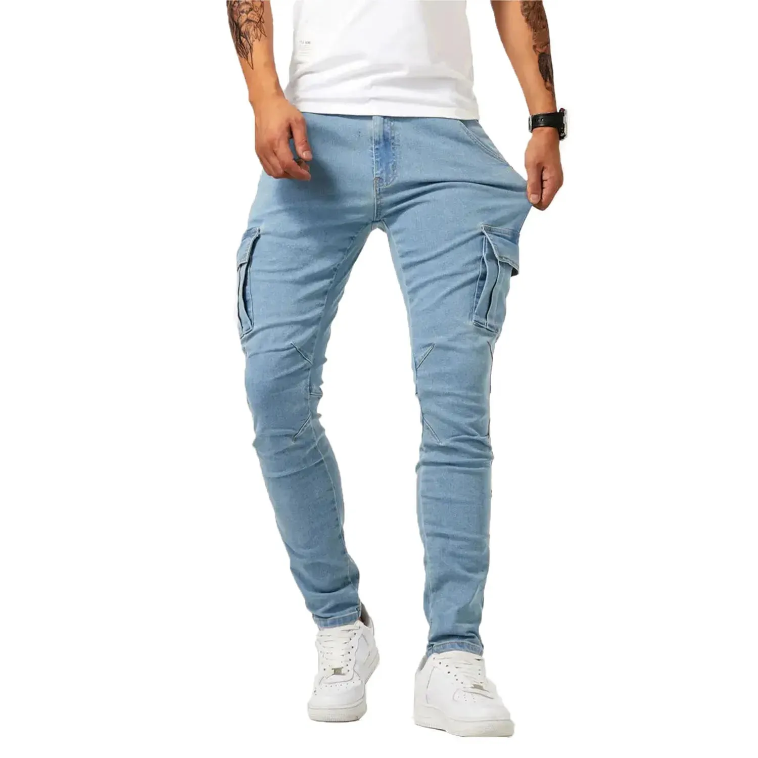 Calça jeans masculina stretch de rua, lavada, cor sólida, multi bolsos, calça de trabalho, casual, slim fit, uso diário, calça de corrida, mid wa