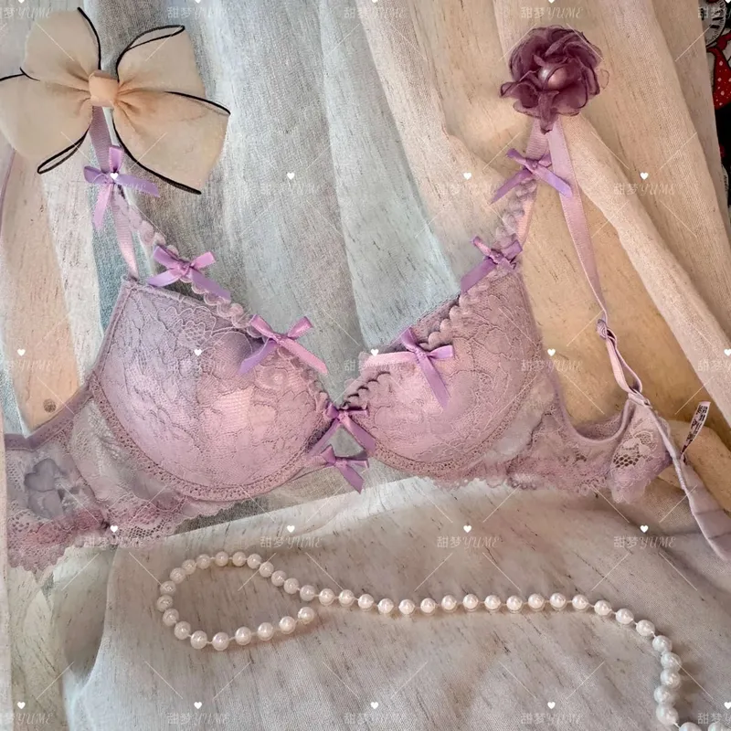 Conjunto de sutiã halter roxo com alça cruzada, detalhe de borboleta, kit de lingerie push up elegante para mulheres, conforto macio, uso diário