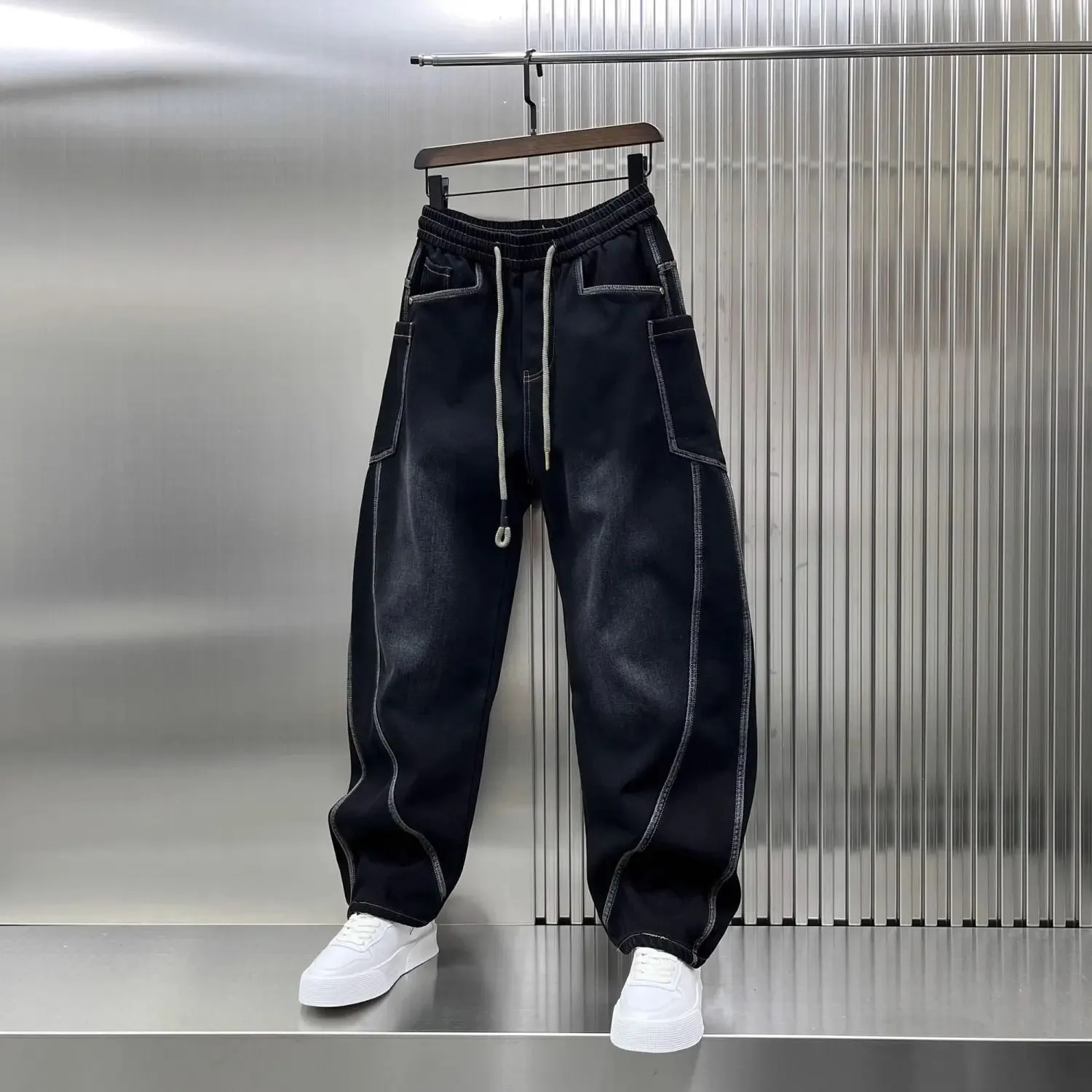 Spring Autumn 2025 New Splicing Cutting Elastic Waist Large Size Boys Washed Loose Wide Leg Big Pocket Scimitar Drawstring Jeans