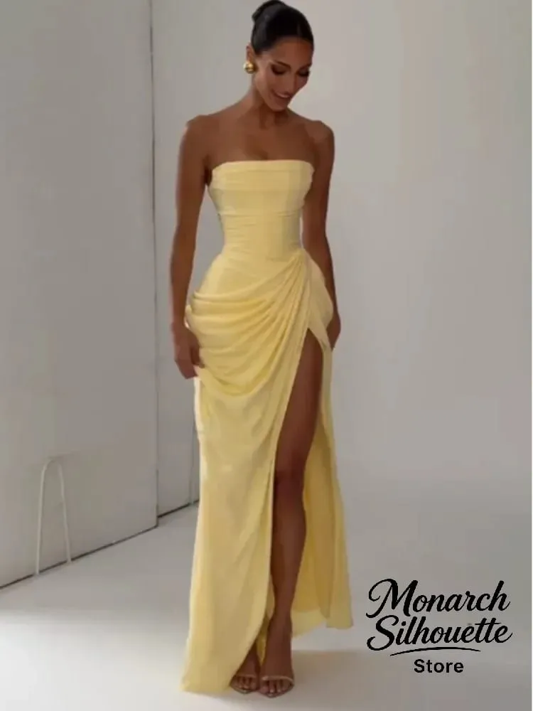 Elegante amarelo sem alças plissado vestido longo feminino chique sólido sem mangas cintura cinching split vestido 2026 senhora festa de noite robes