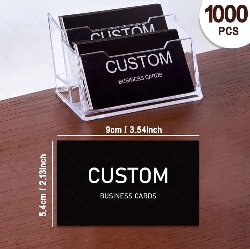 Cartões de visita personalizados com caixa de armazenamento em acrílico, 200/500/1000 unidades, filme fosco, obrigado, convites