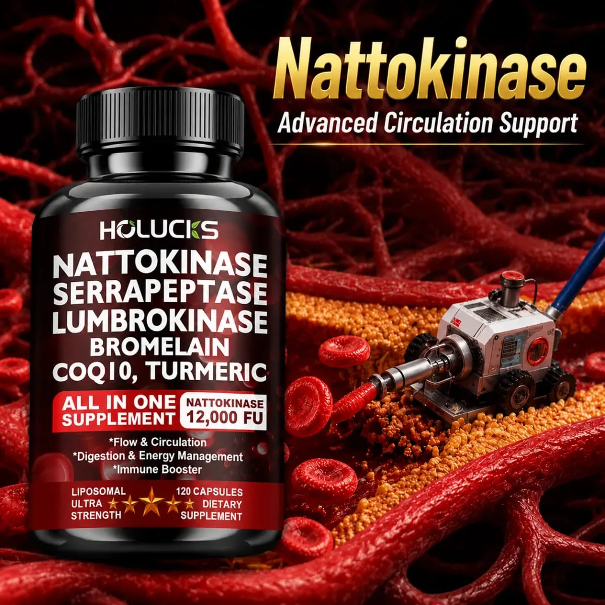 Suplemento Nattokinase 13 em 1 com Serrapeptase Suporta Circulação Fluxo Sanguíneo Coração e Saúde Cardiovascular Ajuda Digestiva