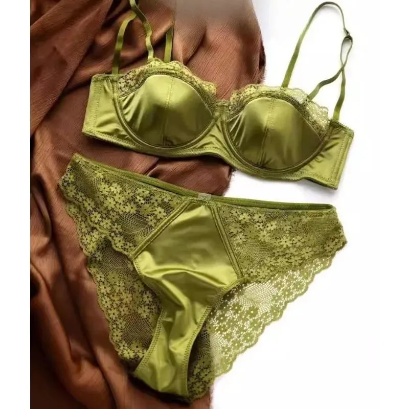 Europeu-americano sexy cetim meia xícara confortável conjunto de roupa interior de suporte superior fino com anel de aço borda de renda verde sutiã brilhante