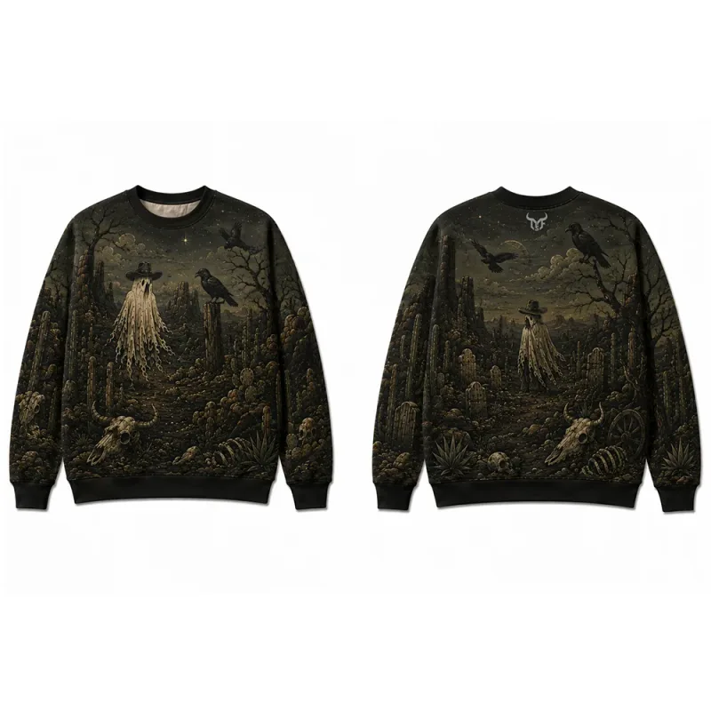 Vintage Dark Western Ghost Print Sweatshirt Desert Cactus Graphic Pullover Long Sleeve Tops Halloween Fashion Casual Streetwear