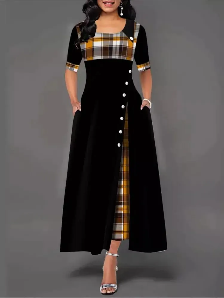 Vestido longo feminino irregular, com retalhos, botões vintage, gola redonda, meia manga, casual, vestido de viagem, moda feminina