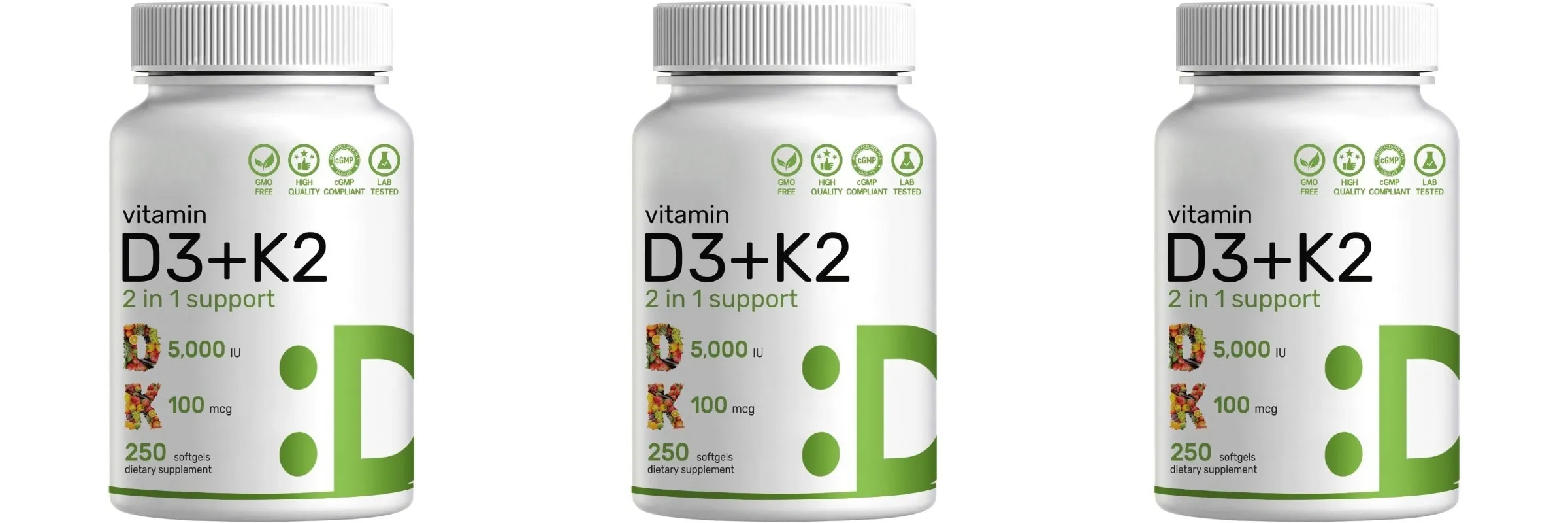 Vitamina D3 + K2 MK7 Softgels 250 Contagem 2 em 1 Complexo Não OGM Sem Soja Sem Glúten Suporte à Saúde Óssea Impulsionador do Sistema Imunológico