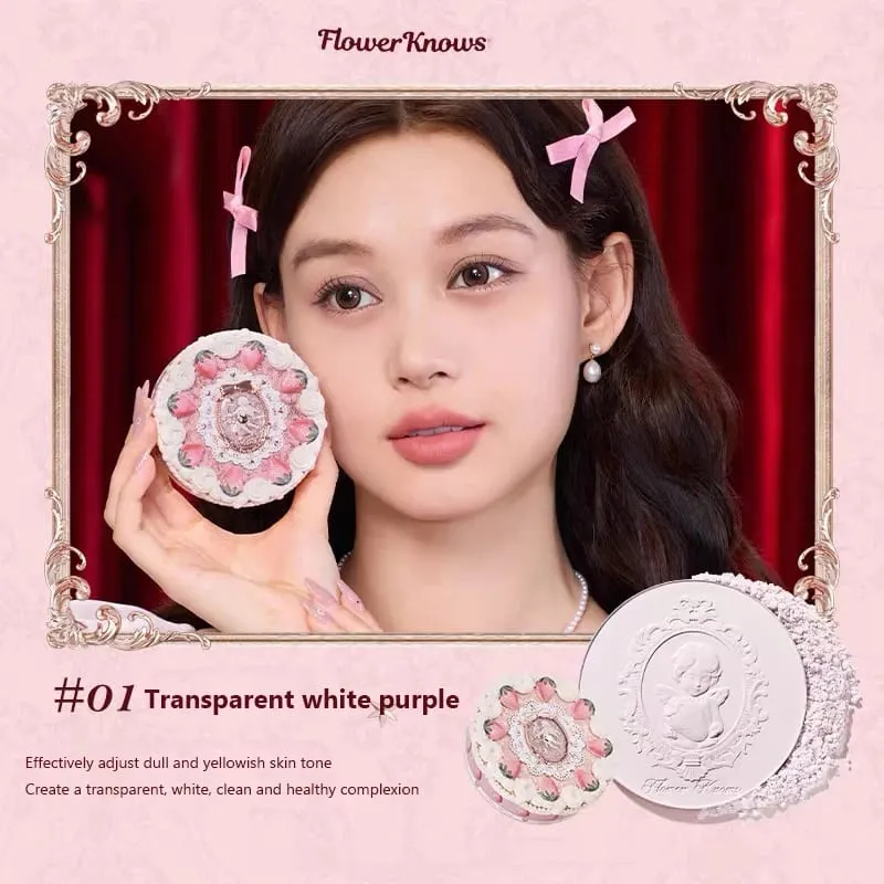 Flower Knows Sets Strawberry Cupid Full Coverage Foundation Powder Compact Powder Solid Perfume Hand Cream Gifts Set for Women