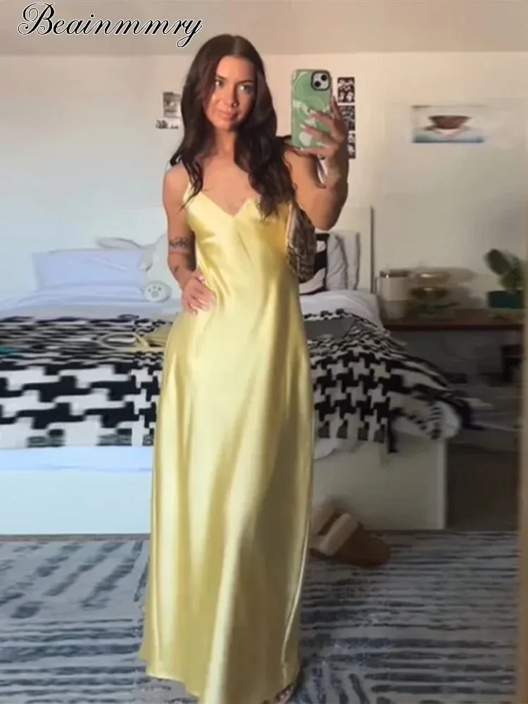 Sólido sem costas mancha maxi vestido feminino casual cinta de espaguete com decote em v vestidos de cintura alta 2026 senhora verão férias vestidos de festa