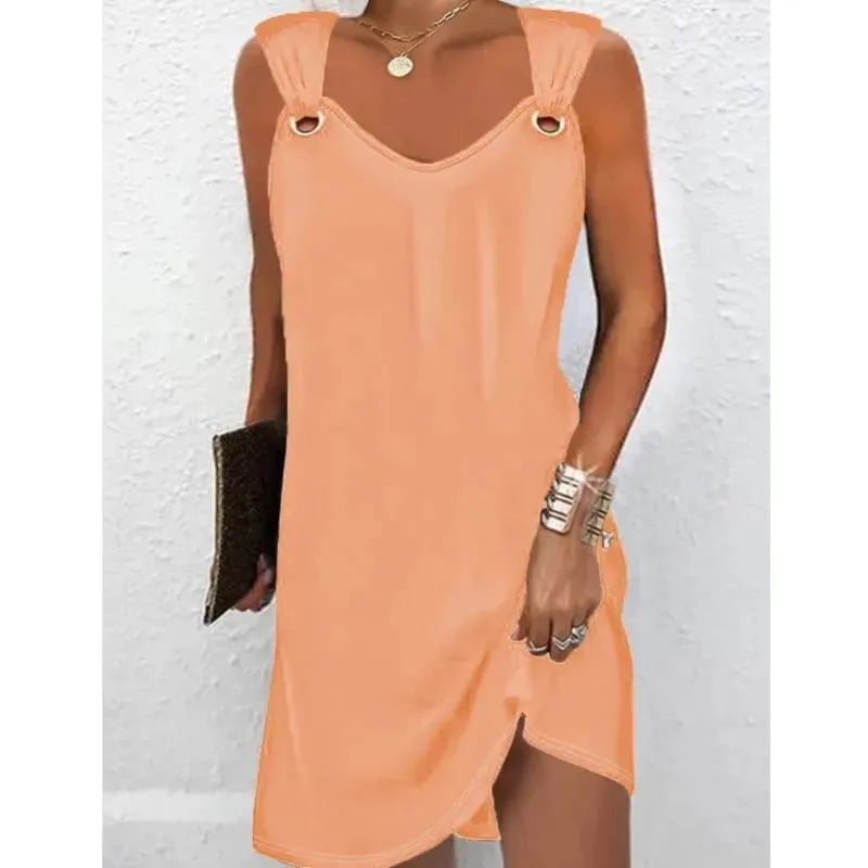 Mulheres verão vestidos casuais 2025 elegante estilo simples cor sólida botão de metal com decote em v sem mangas vestido feminino sexy midi vestidos