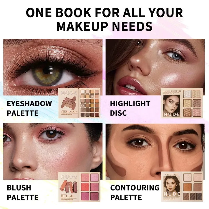 Kit de livro de maquiagem nude multifuncional multipáginas, sombra, blush, iluminador e paleta de pó para contorno