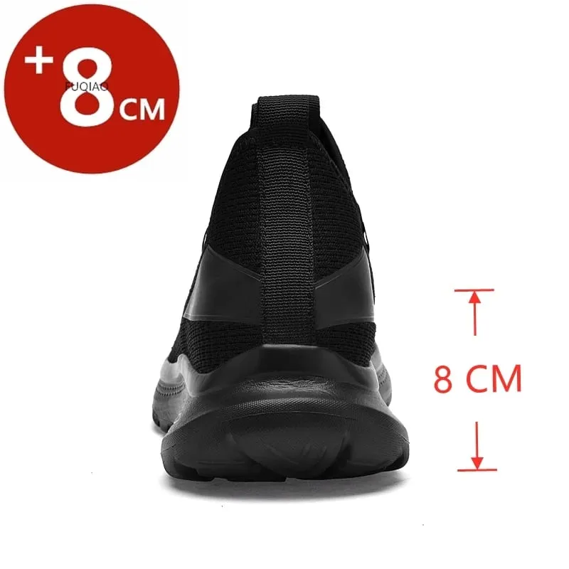 Homens todos pretos malha respirável sapatos elevador 8cm aumento de altura invisível antiderrapante esportes casuais tênis de treino de caminhada diária