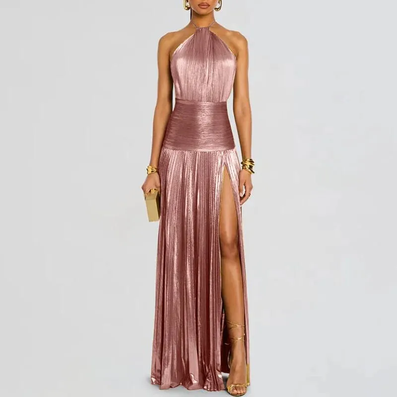 Ouro sexy halter alta divisão vestidos de noite mulher chique sólido oco plissado vestido longo primavera verão sem costas zip maxi vestido