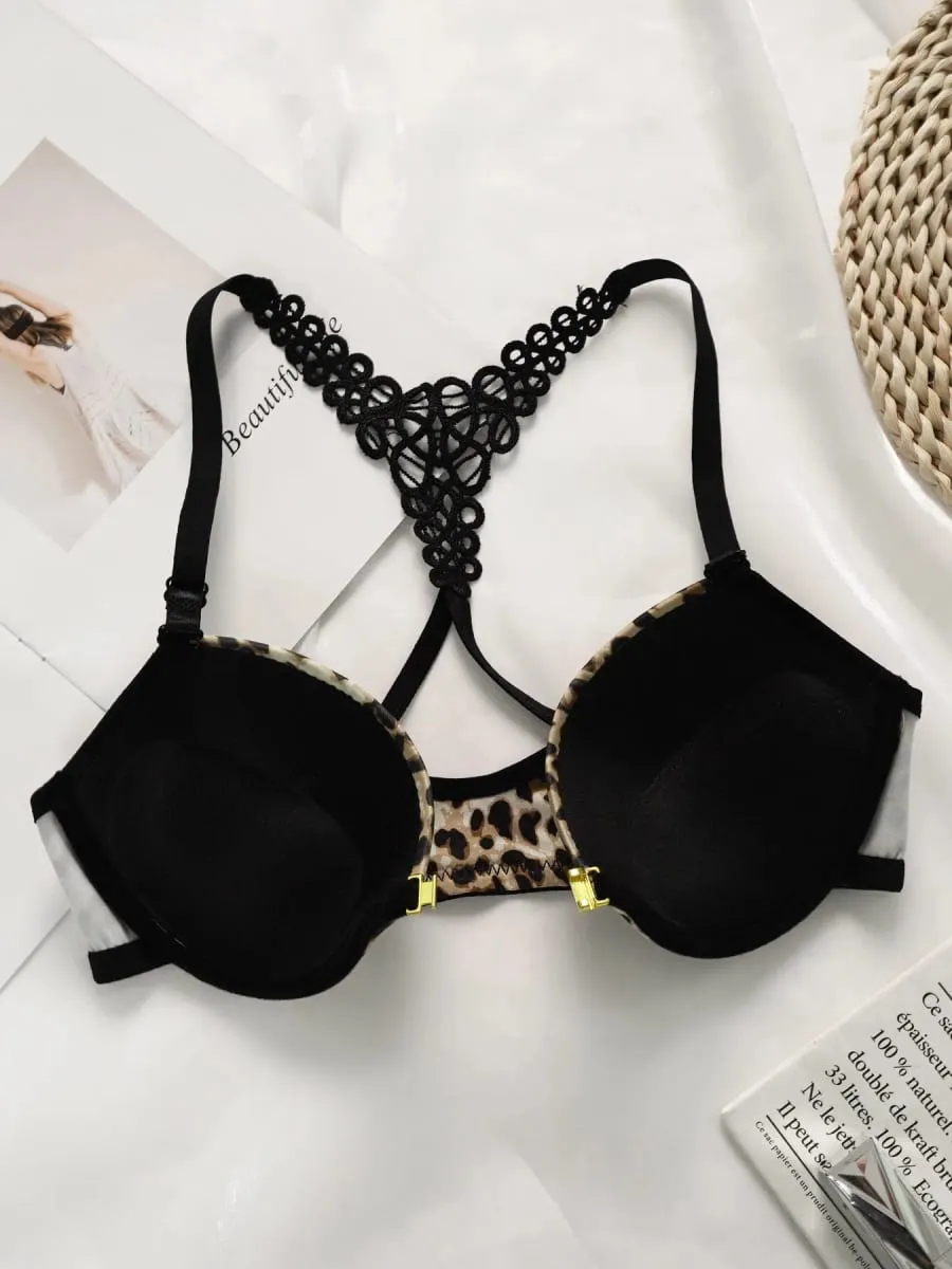 Senhoras nova estampa de leopardo sexy e confortável frente bbutton bela volta roupa interior renda triângulo conjunto a3159