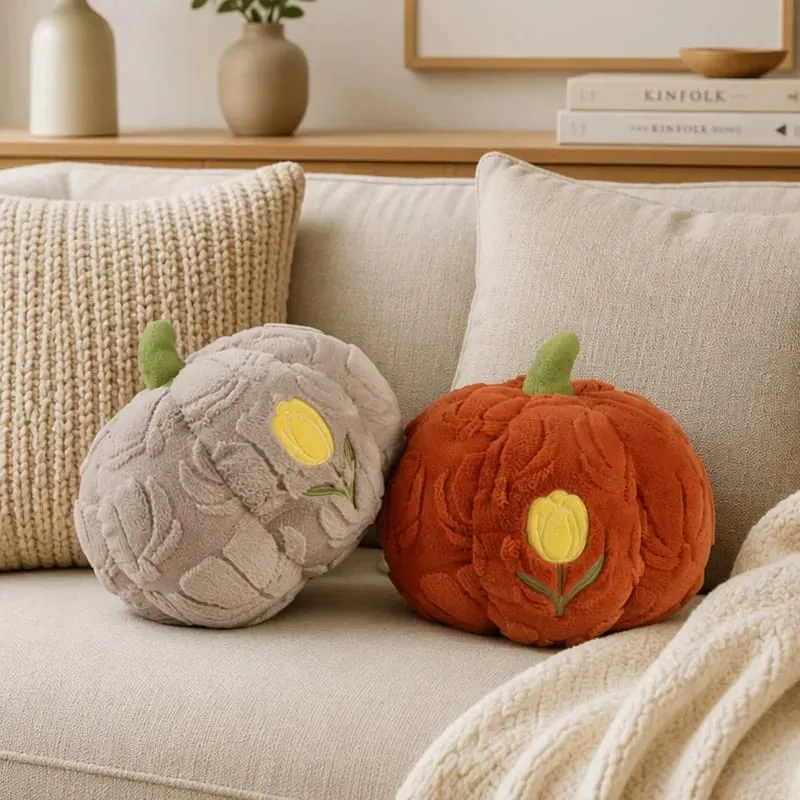 Cute Pumpkin Throw Pillow With Tulip Embroidery Soft Plush Pumpkin Shaped Cushion Pillow For Sofa Living Room Hallowmas Gifts