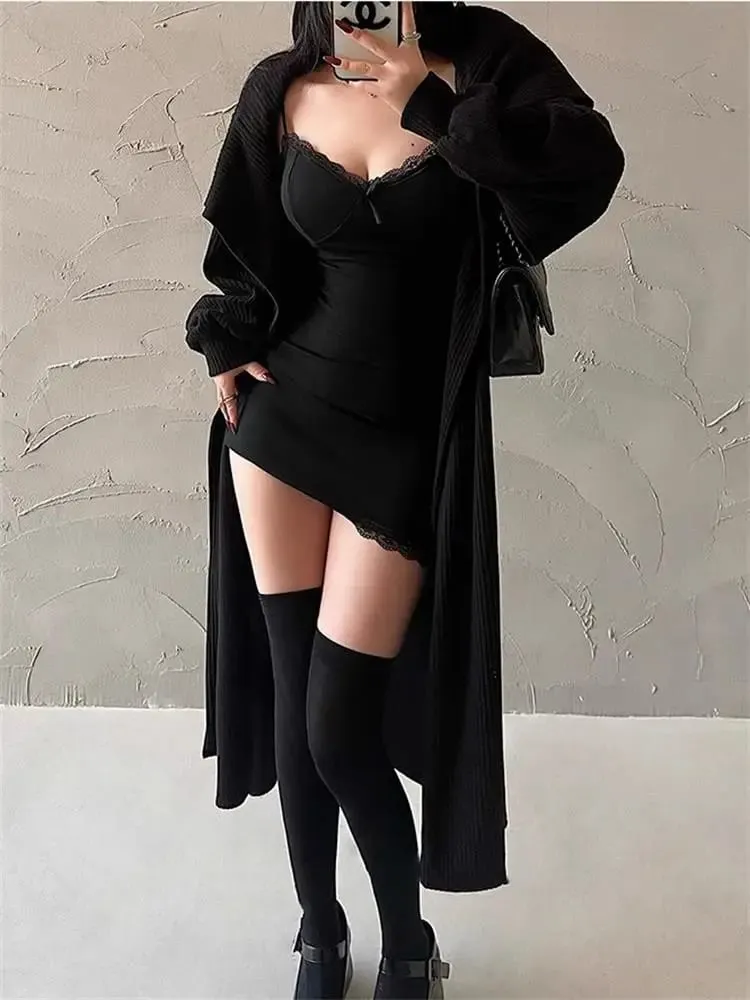 Y2k retro rendas retalhos cinta de espaguete preto bodycon vestido mini moda estética arco clube festa vestidos sexy para mulher