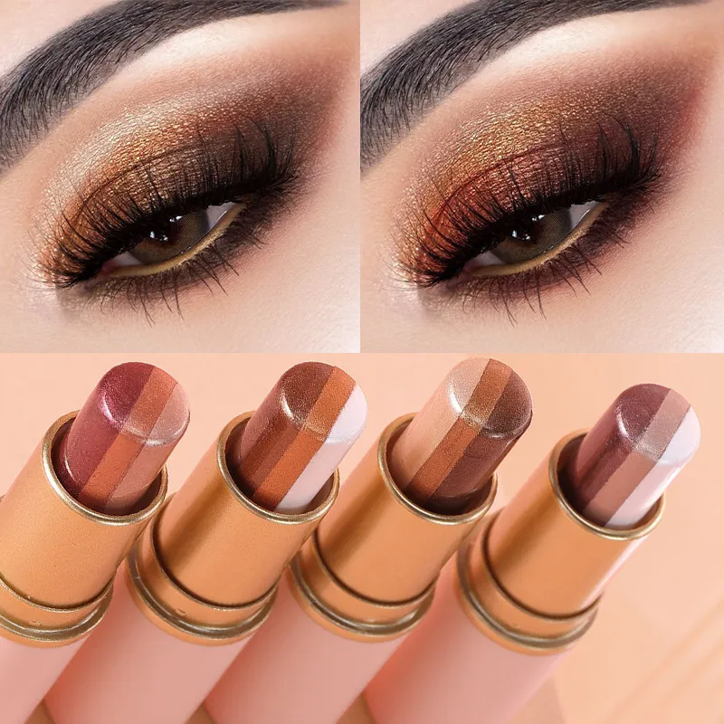 Caneta de sombra de três cores destacando vara impermeável fácil de usar glitter pérola sombra vara shimmer one-swipe olhos maquiagem