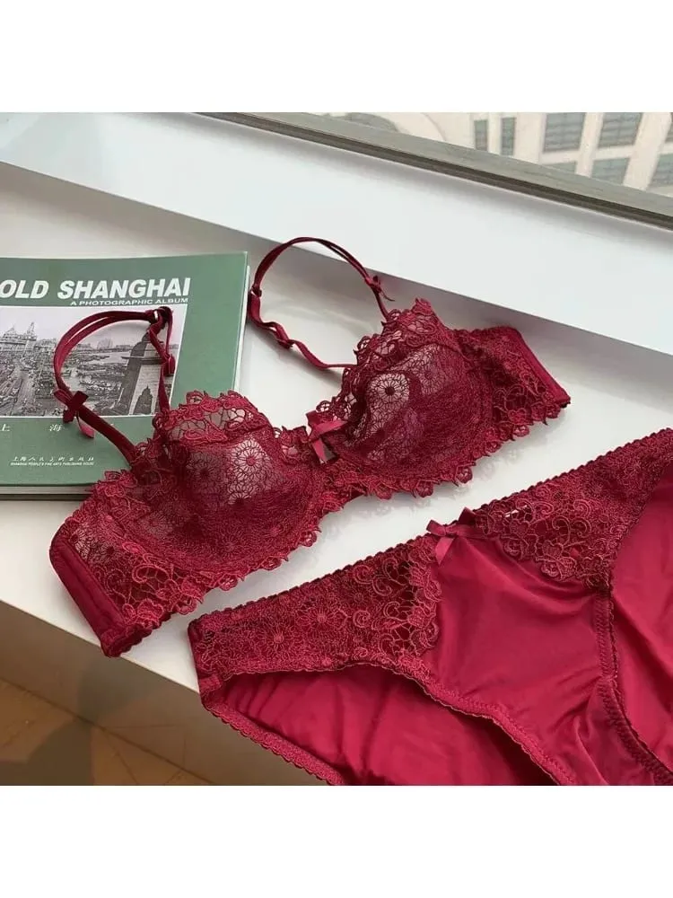 Sexy Lace Bra Set for Women Plus Size Half Cup Sheer Ultra Thin Nipple Concealed Erotic Lingerie Push Up Comfort Underwear Set
