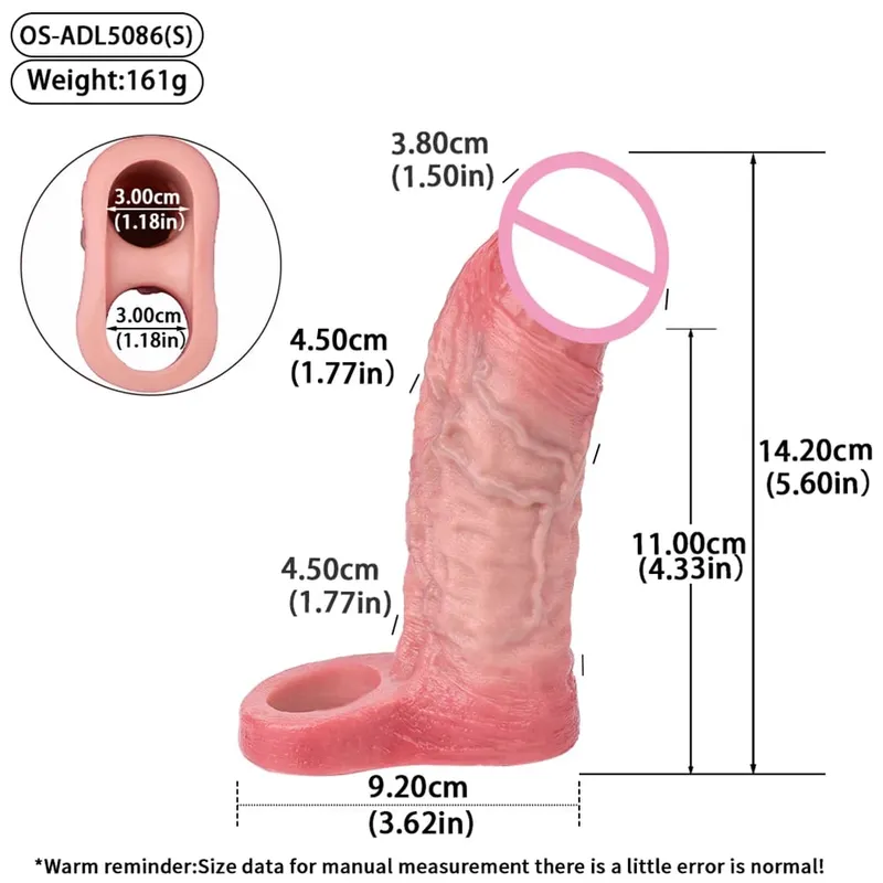 Luva reutilizável para pênis com cabeça fechada realista e anel peniano para ampliação do pênis, atraso na ejaculação, brinquedos sexuais para homens