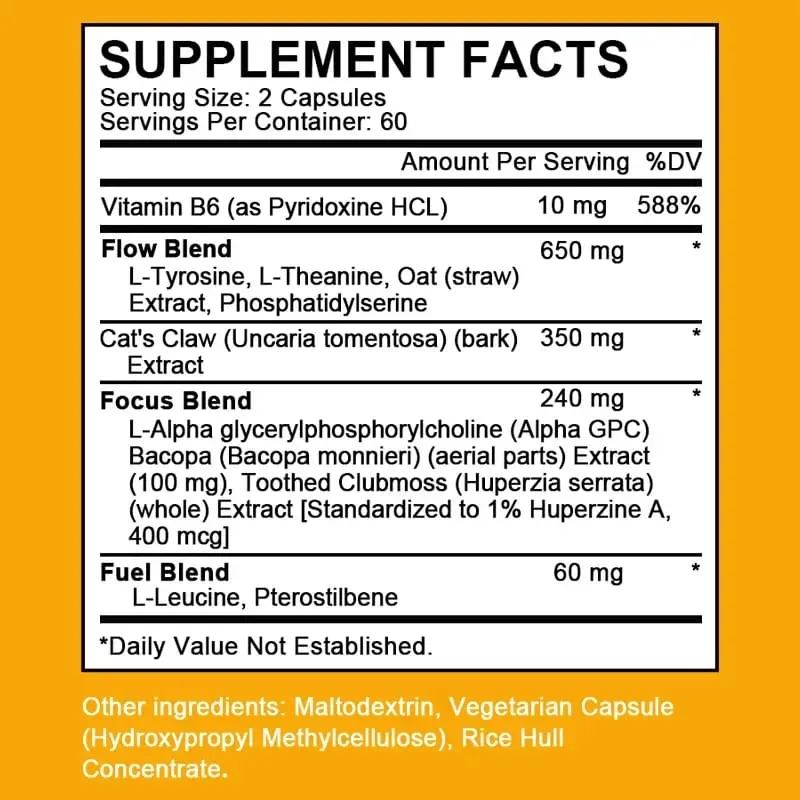 Alpha Brain Nootropics Brain Supplement for Men and Women - Memory Mental Clarity & Cognition with Vitamin B6 Focus Capsules