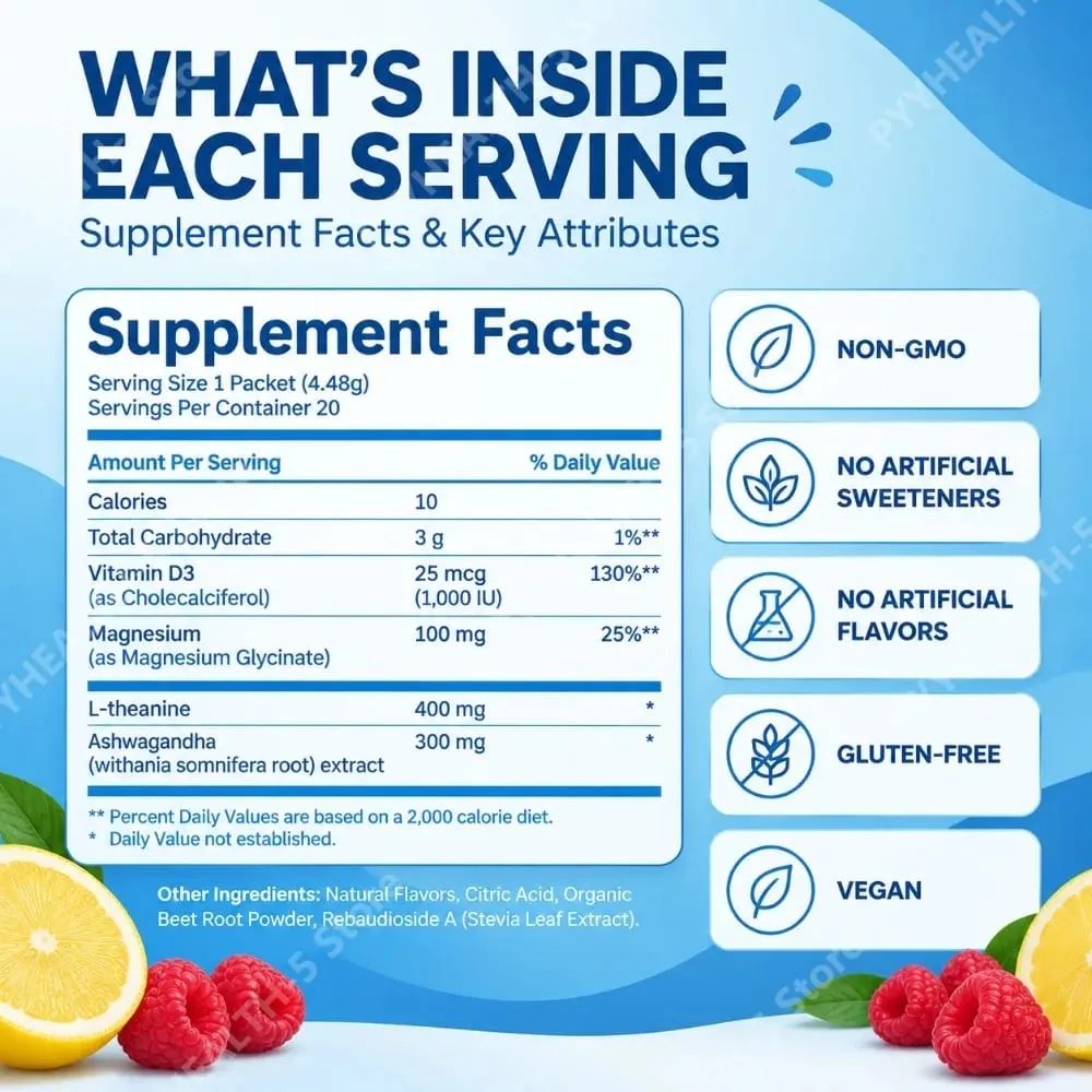 Mistura de bebida em pó, redutor de cortisol e suplemento para dormir, L teanina, magnésio, glicinato, vitamina D 3, sem açúcar, não OGM, 20 Ct