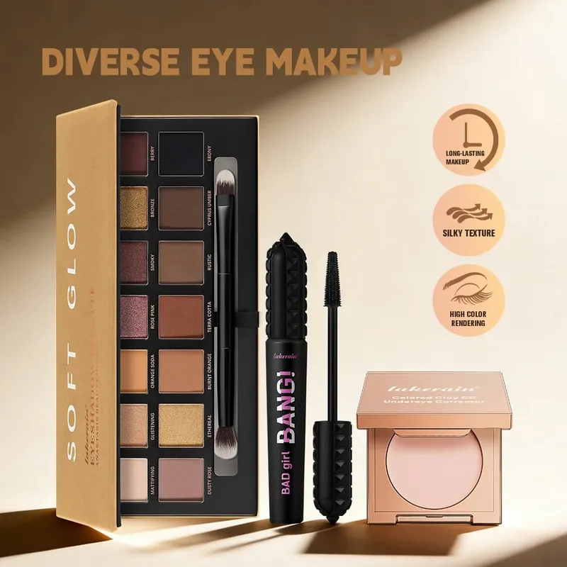 3pcs/set CC Full Coverage Undereye Color Corrector Glow Eyeshadow Palettes Volumizing Mascara Lasting Beauty Eyes Makeup Kit