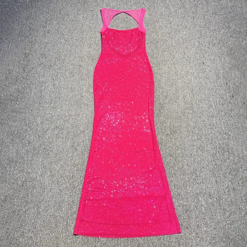 Multi cores sem costas brilhantes strass malha retalhos vestido longo para mulheres magro bodycon festa à noite vestidos de cocktail