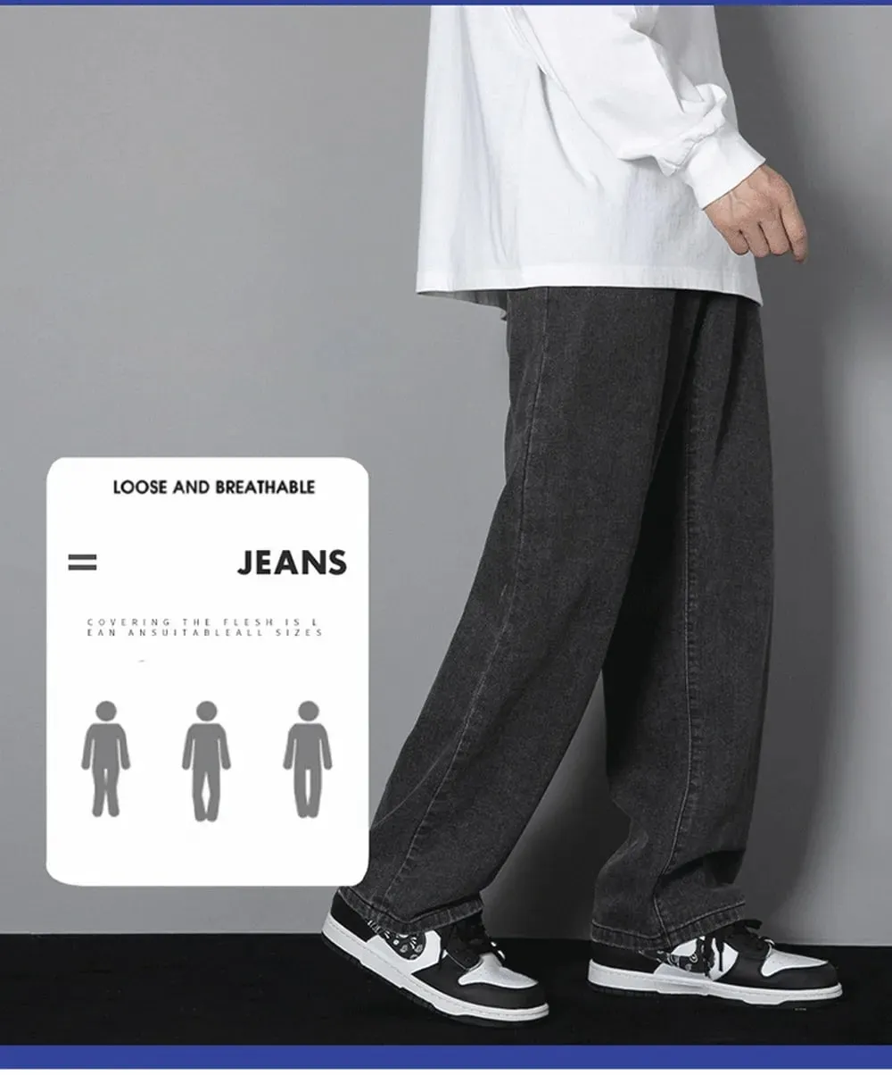 Korean Solid Colors Men's Casual Long Jeans Classic Man Four Seasons Straight Denim Wide-leg Pants Light Blue Grey Black 3XL