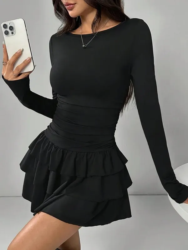 Vestidos temperamento 2025 mulher mini vestidos estilo simples elegante francês bodycon magro plissado moda manga longa deslocamento sexy