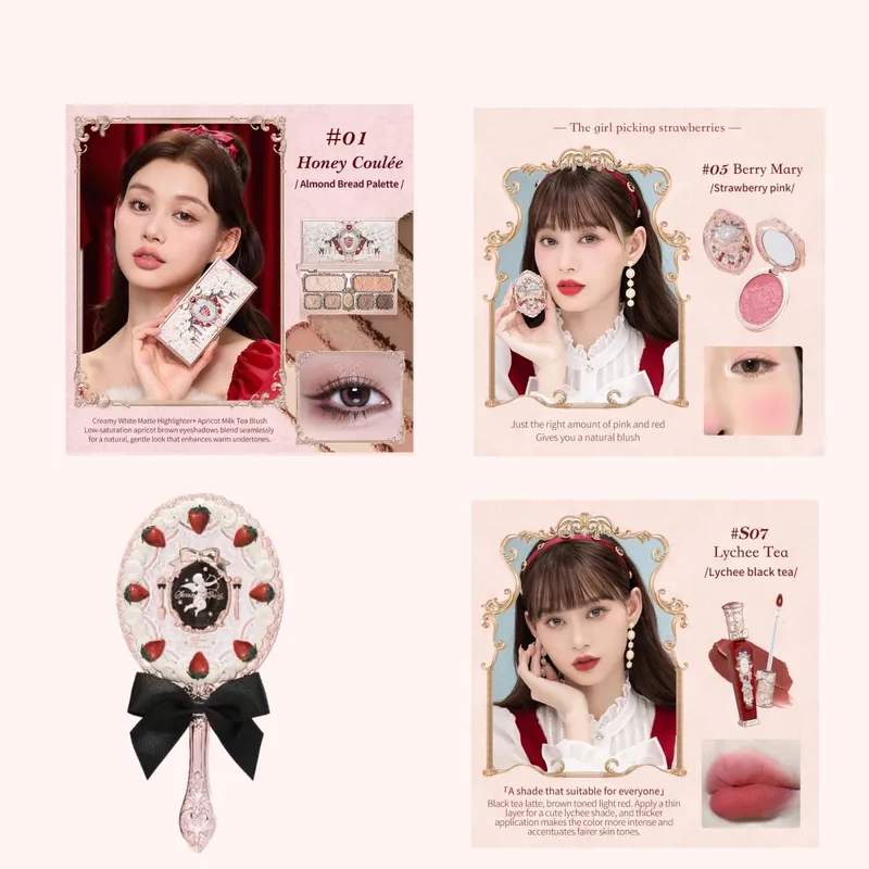 Flor sabe morango rococó série conjunto de maquiagem glitter fosco sombra paleta blush power veludo batom kit perfume conjunto