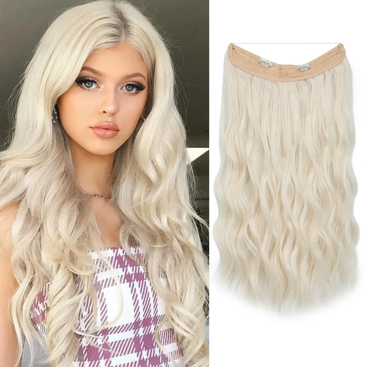 Fio invisível ondulado sintético com clipes, extensão de cabelo, linha de peixe, loiro natural, clipe em peça de cabelo falso