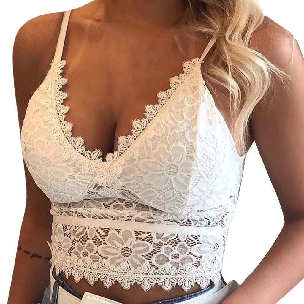 Sexy Lace Hollowing Mesh See Through Slim Backless Halter Crop Top Spaghetti Strap Sheer Embroidery Camisole Vest Corset — image 2