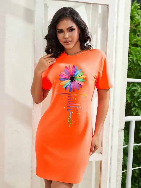 Plus Size Summer Fashionable Comfortable Colorful Sunflower Letter Print Women Sundress O-Neck Mini Dress Casual Dress Vestidos