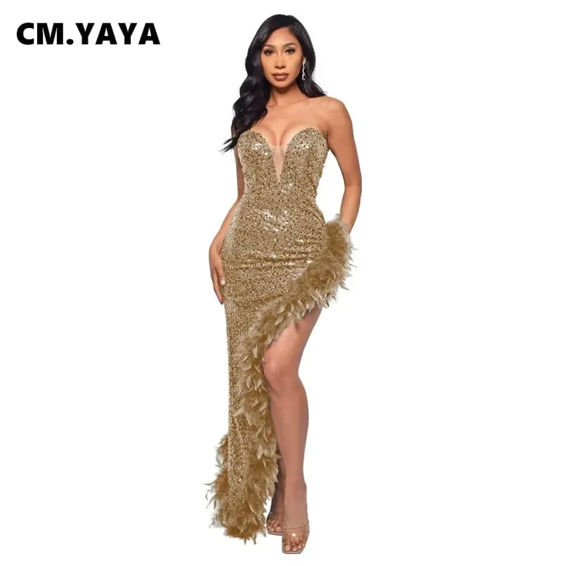 yaya feminino lantejoulas sem alças pena alta lateral divisão sem alças bodycon midi maxi vestido sexy clube até vestidos de festa