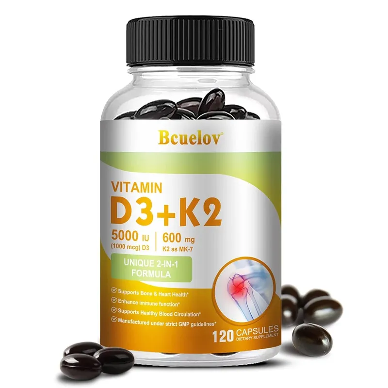 Bcuelov Vitamina D3 + K2 5000 UI Vitamina D3 fórmula não OGM fácil de engolir suplemento dietético complexo de vitamina D e K — image 9