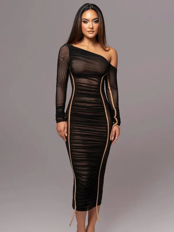 Hugcitar malha sólida gola diagonal manga longa drapeado sexy ver através bodycon maxi vestido verão moda roupas festival clube