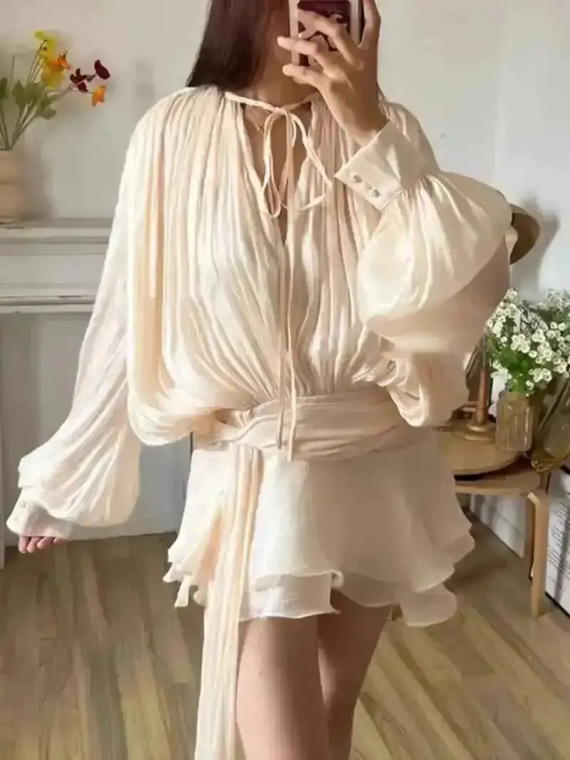Beige Top Solid Blouse Mini Dresses For Women V Neck Long Sleeve Spliced Lace Up Sweet Style Dress Female Clothing Fashion P7WI