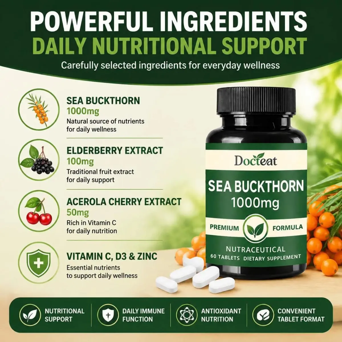 Docteat Sea Buckthorn 1000mg Comprimidos Diariamente Função Imune Suporte Nutrição Antioxidante Vitamina C Zinco Vitamina D3 60 Comprimidos