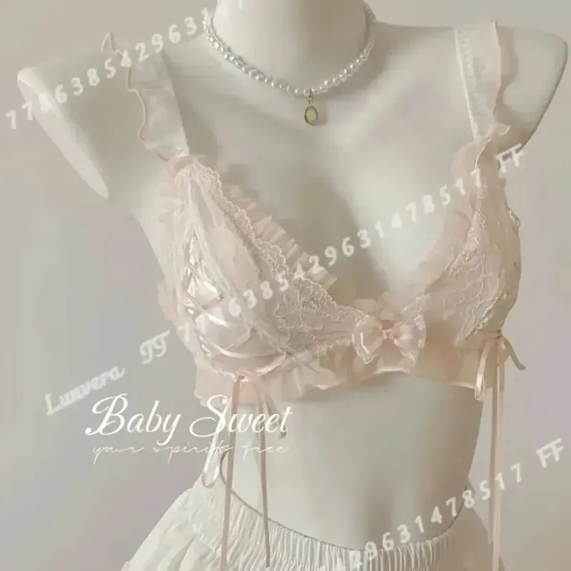 Lolita estilo fino renda triângulo copo conjunto de sutiã para mulher bonito pequeno busto lingerie sexy roupa interior
