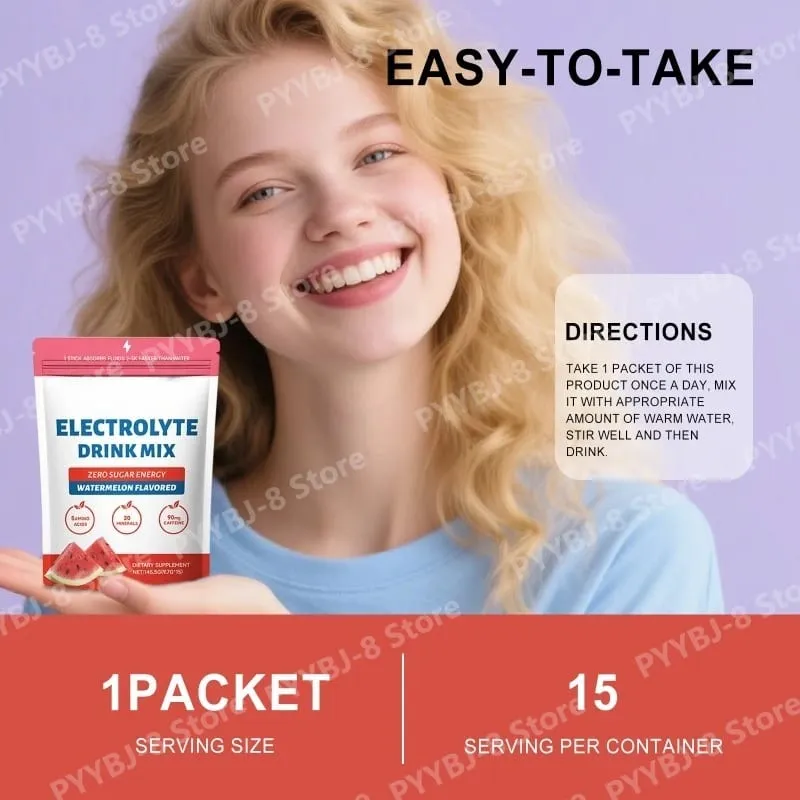 Pó eletrolítico de melancia com zero açúcar e 90mg de cafeína, aminoácidos, minerais, vitaminas, fornece reposição de energia, 15 bastões