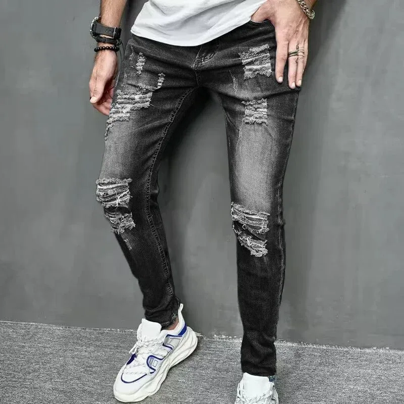 2024 New Style Men's Personalized Ripped Solid Color Skinny Jeans Stretch Little Foot Streetwear Motorcycle Denim Trousers Male — image 7