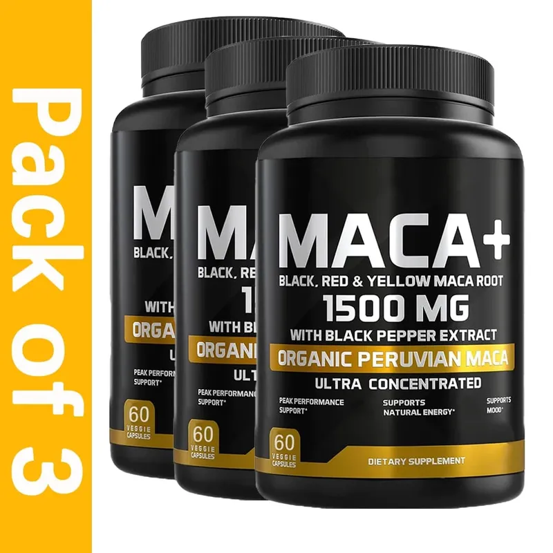 1500mg Raiz de Maca Orgânica Preto Vermelho e Amarelo - 60 Cápsulas - Cápsulas de Raiz de Maca Preta para Homens Suplemento - Não OGM Sem Glúten