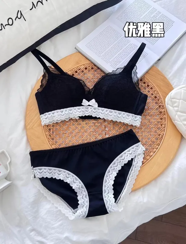 ​Japanese Anime Lace Bra Set Push Up Wireless Bralette Small Bust Seamless Sexy Triangle Cup Lingerie Set Spring Summer MOYISU
